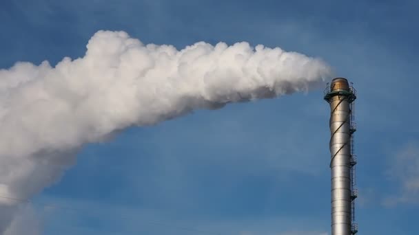 Potrubí vyvolá šedého dýmu v modré obloze. Koncept znečištění vzduchu — Stock video