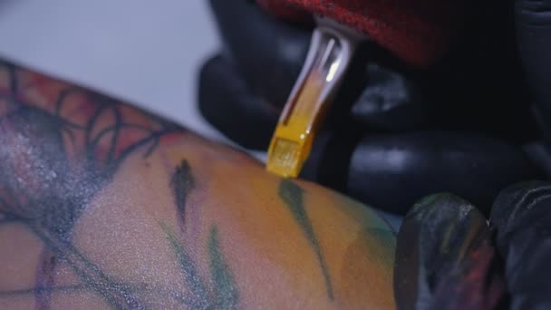 Profesionální tatér provede tetování na ruku mladé dívky ve zpomaleném filmu. Tattoo umělec udělat tetování ve studiu, zblízka