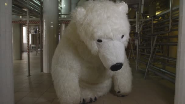 Giant puppet polar bear is inflated in the pipe shop of the brewery.