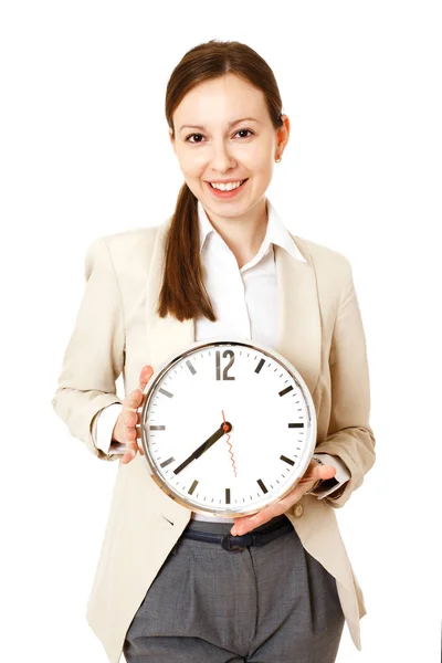 Bizneswoman gospodarstwa zegar. na białym tle — Zdjęcie stockowe