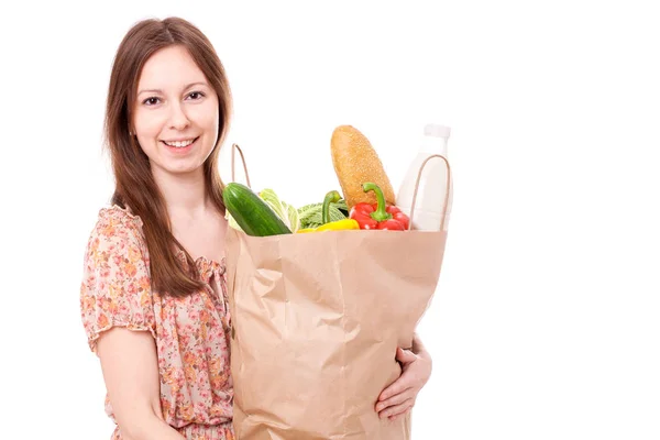 Young Woman Holding Large Bag of Healthly Groceries — Stock Photo, Image