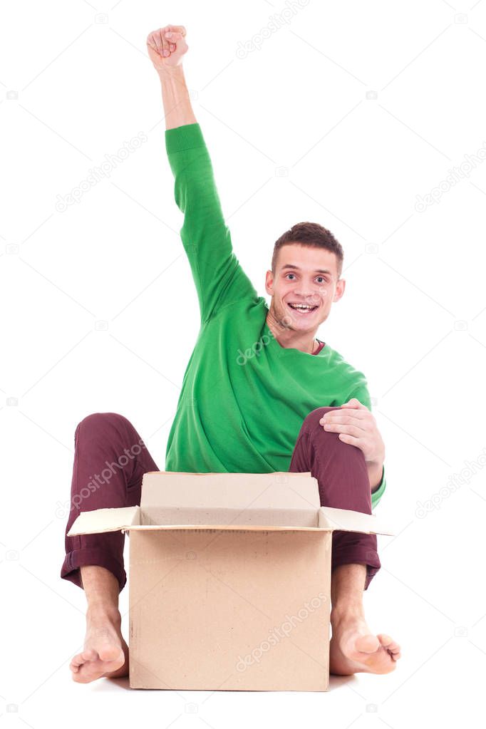 Young delivery man hold boxes. so funny. isolated white background.