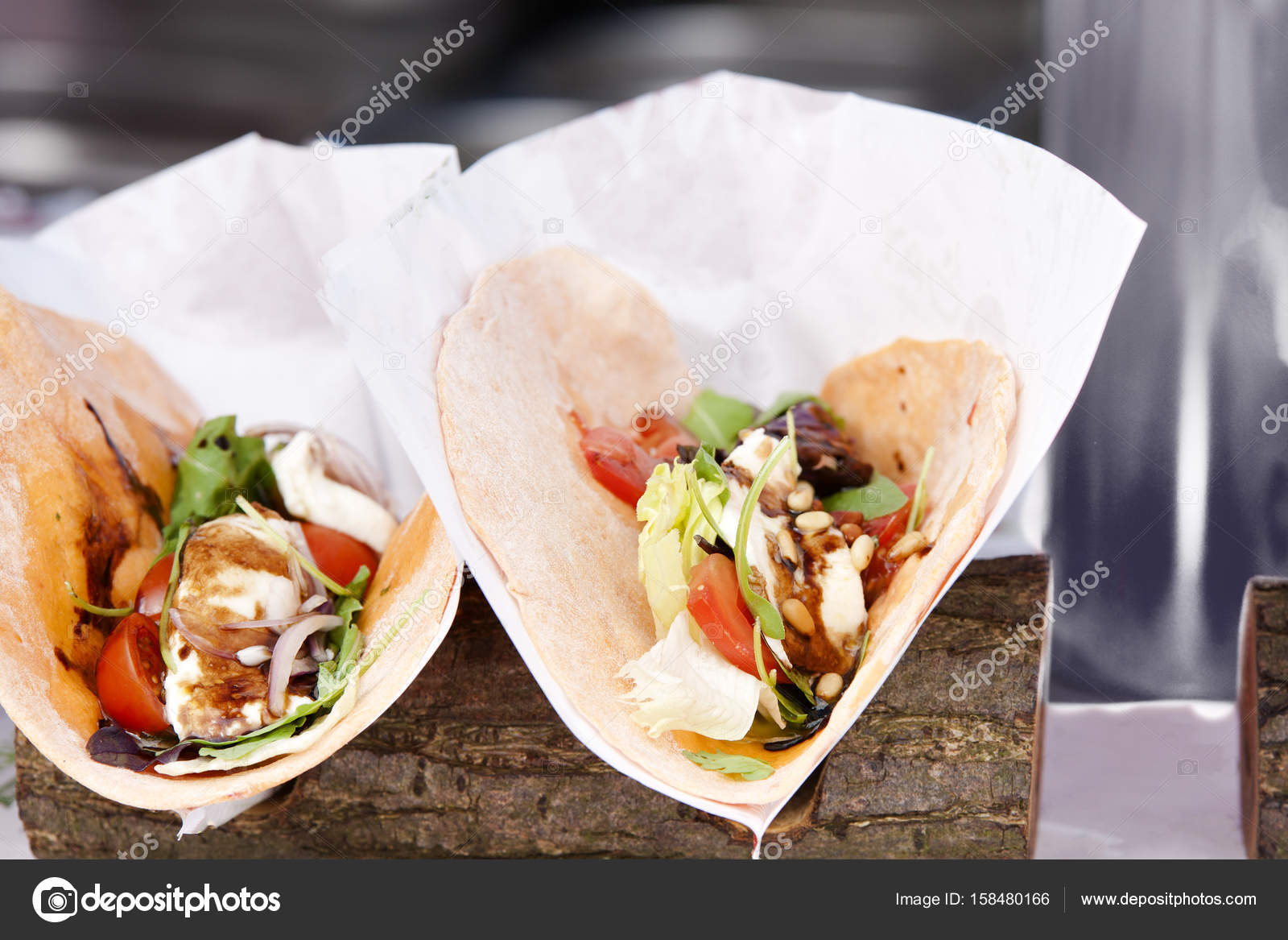 Open tortilla wrap with chicken breast and vegetables — Stock Photo ...