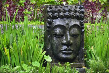 Buda resim Ubud, Bali tropikal bahçesinde düşen su ile.