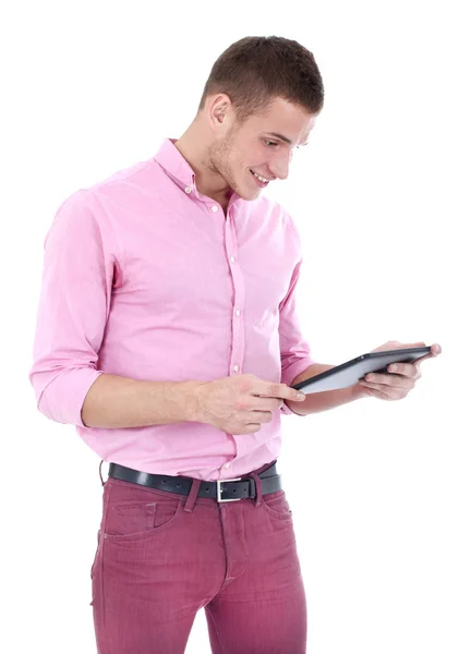 Happy Young Man Using Digital Tablet Isolated — Stock Photo, Image