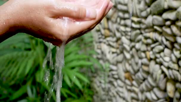 Frau wäscht ihre Hände mit frischem Wasser in reinem Bergwasser — Stockvideo