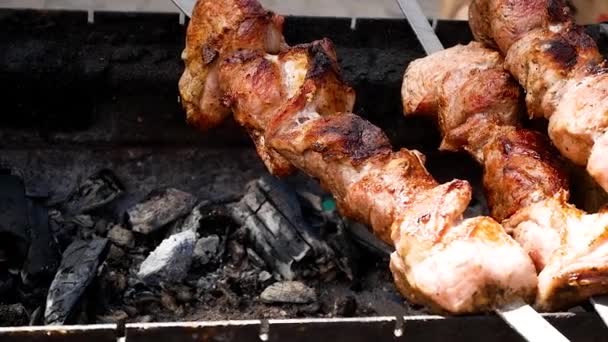 ジューシーなおいしいバーベキューは、グリルの熱い石炭で揚げられています。軸の周りに唾を吐くように回転します。フードフェスティバル揚げジューシーな肉。豚肉は石炭で揚げられる。. — ストック動画