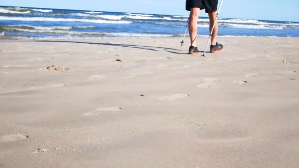 Velho usa paus para andar escandinavo na praia do mar, dia ensolarado — Vídeo de Stock