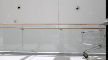 Beautiful young girl having fun riding on shopping cart at supermarket.