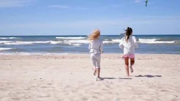 Portret dzieci na plaży w lecie. Szczęśliwe dzieci, dwie dziewczyny, biegające na widoki i bawiące się w piasek na plaży. Zwolnij trochę. Szczęśliwe dzieci bawiące się na plaży — Wideo stockowe