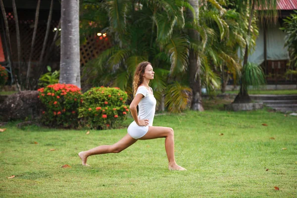 Genç fitness kız parkta çim üzerinde egzersizleri yapın. Sağlıklı yaşam ve spor kavramı — Stok fotoğraf
