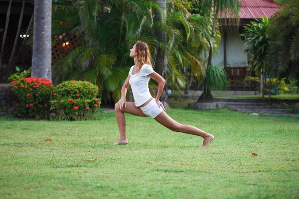 Genç fitness kız parkta çim üzerinde egzersizleri yapın. Sağlıklı yaşam ve spor kavramı — Stok fotoğraf