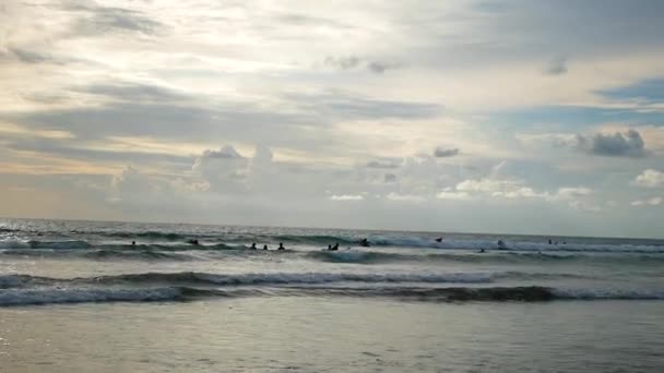 Mnoho surfařů jezdí vlny oceánu na pláži v Bali — Stock video