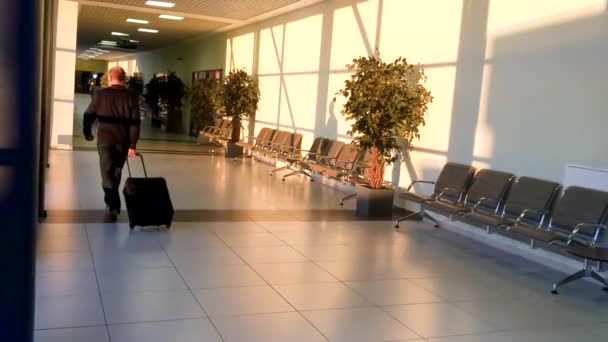 Vista posteriore del passeggero che cammina e trasporta una valigia in un aeroporto — Video Stock