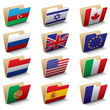 Dünya ile klasörleri simgeler kümesi bayraklar vektör çizim Azerbaycan, İsrail, Kanada, Rusya, İngiltere, Avrupa Birliği, Hollanda, ABD, İtalya, İspanya, Portekiz, Fransa 