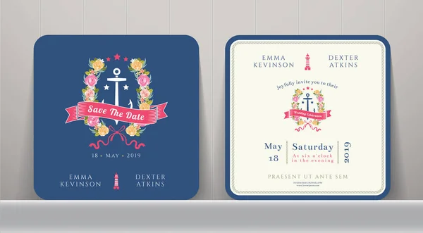 Nautische Hochzeit speichern Sie die Datumskarte mit Blumenschmuck und Ankerornam — Stockvektor