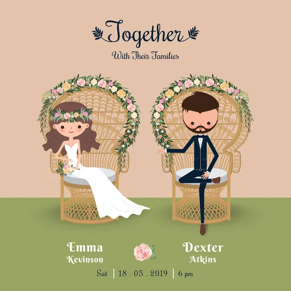 Rustikale Bohemian Cartoon Paar Hochzeitseinladungskarte — Stockvektor