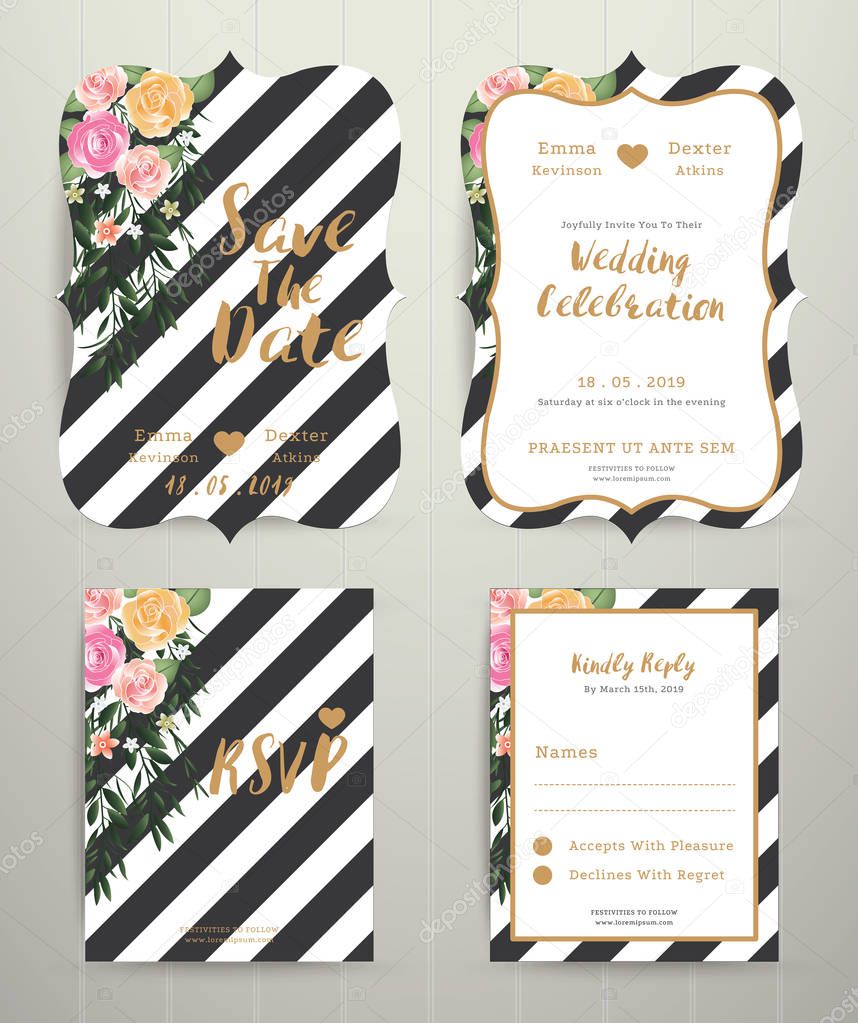 Modern wedding invitation card set on black and white stripe bac