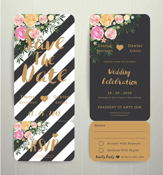 Moderno boda invitación blanco y negro rayas fondo guardar la tarjeta de fecha con rsvp conjunto — Archivo Imágenes Vectoriales