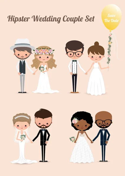 Hipster Matrimonio Coppia Set Hipster Matrimonio Coppia Set Illustrazione Sposa — Vettoriale Stock