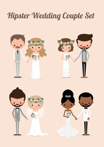 Conjunto Pareja Boda Hipster Conjunto Pareja Boda Hipster Ilustración Novia — Vector de stock