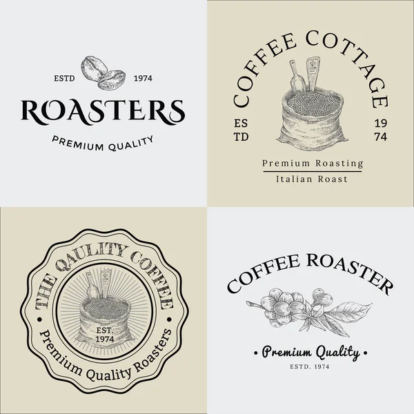 Set of Vector Vintage Coffee Logo and Illustration Drawing Engra - Stok Vektor