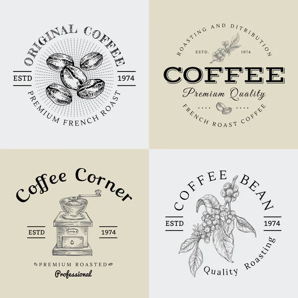 Conjunto de Vector Vintage Logo Café y Dibujo de Ilustración Engra — Archivo Imágenes Vectoriales