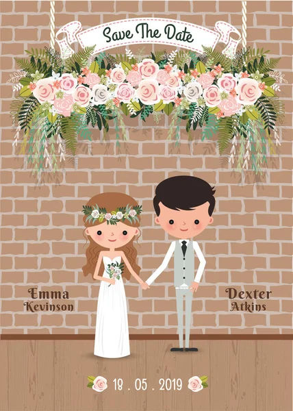 Casal Desenhos Animados Flores Flor Rústica Salvar Cartão Convite Casamento —  Vetores de Stock