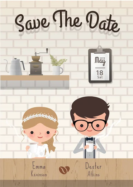 Casal Casamento Café Salvar Cartão Convite Data Data Romântica Café —  Vetores de Stock
