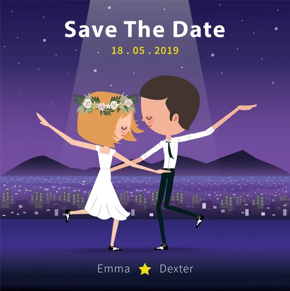 Casal Dançando Salvar Data Cartão Convite Dança Romântica Noite Lua — Vetor de Stock