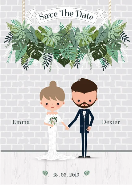 Πράσινος Γάμος Γελοιογραφία Νύφη Και Γαμπρός Προσκλητηρίου Τροπική Διακόσμηση — Διανυσματικό Αρχείο
