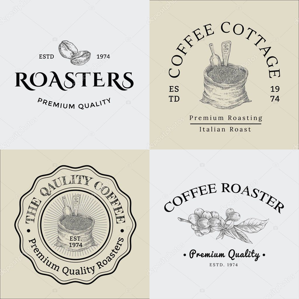 Set of Vector Vintage Coffee Logo and Illustration Drawing Engra