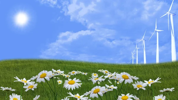 Padang rumput berbunga dengan turbin angin — Stok Foto