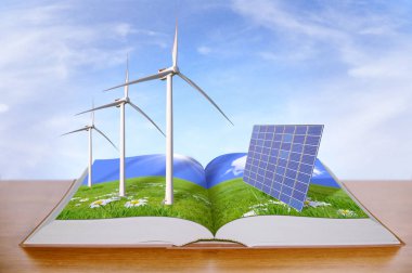 open book with wind turbines and solar panels  clipart