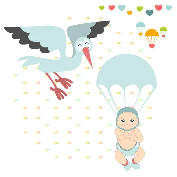 Illustratie Van Het Kind Een Vrolijke Ooievaar Bracht Langverwachte Baby — Stockvector