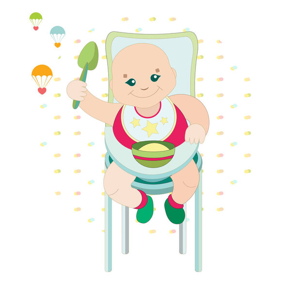 Color illustration. The baby is having breakfast. The child eats porridge and holds a green spoon in his hand.