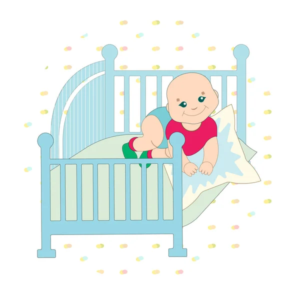 かわいい子はベッドの上に座っています 枕に手を組んだ ベッドは青色です 装飾的な背景の子図 — ストックベクタ