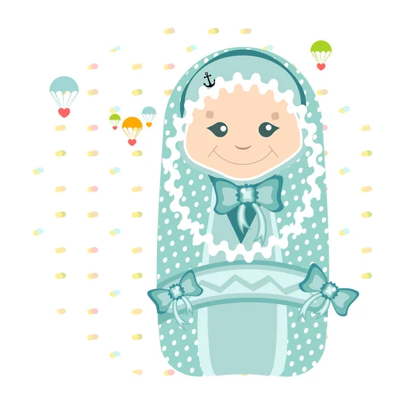 Gülümseyen bebek güzel bir battaniyeye sarılmış. Her iki tarafta iki yay, bir battaniye mavi beyaz bezelye vardır.