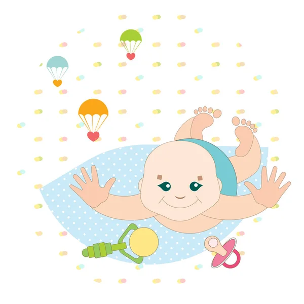 Sweet Baby Lies His Stomach Rattle Pacifier Colored Illustration Decorative — Stock Vector