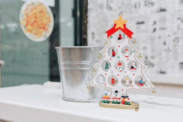 Decorative White Christmas Tree Standing Shelf Next Metal Backet Small — Stock Photo, Image