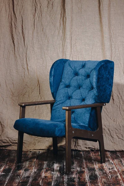 Fine Vintage Velvet Blue Armchair Wooden Floor Background Made Rag Stock Photo