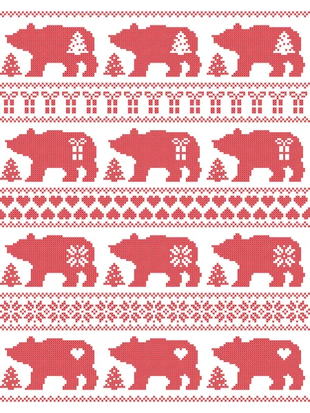 Scandinavian style and Nordic culture inspired Christmas and festive winter seamless pattern in cross stitch style with polar bears with snowflake, star, heart, tree, gift and decorative ornaments — Stock Vector