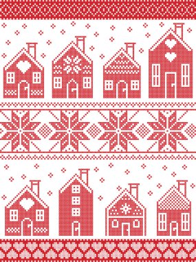 Sorunsuz İskandinav tarzı ve Nordic kültür kırmızı ve beyaz dekoratif öğeler dahil olmak üzere gingerbread house köyü ile Noel ve şenlikli kış desende dikiş tarzı çapraz ilham 