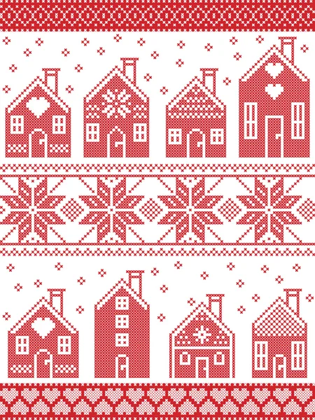 Naadloze Scandinavische stijl en Noordse cultuur geïnspireerd Kerstmis en feestelijke winter patroon in cross stitch stijl met peperkoek huis dorp met inbegrip van decoratieve elementen in rood en wit — Stockvector