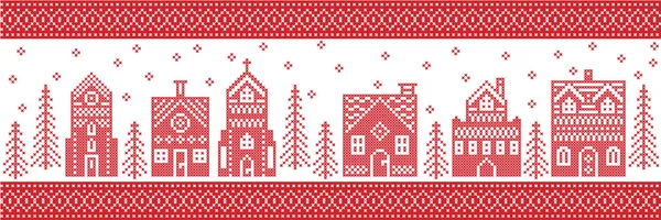 Estilo escandinavo y cultura nórdica inspiraron la Navidad y el invierno festivo patrón de pueblo maravilloso en estilo de punto de cruz con casa de pan de jengibre, edificios de la iglesia pequeña ciudad, árboles y nieve — Vector de stock