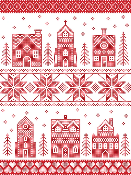 Skandináv stílusban és a skandináv kultúra ihlette karácsonyi és téli ünnepi falu minta kereszt stitch stílus mézeskalács ház, templom, a kis város épületek, fák és a hó piros, fehér — Stock Vector