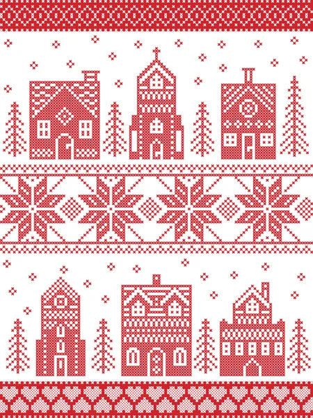 Stile scandinavo e cultura nordica ispirato Natale e festivo modello villaggio invernale in stile punto croce con casa di pan di zenzero, chiesa, piccoli edifici della città, alberi e neve in rosso, bianco — Vettoriale Stock