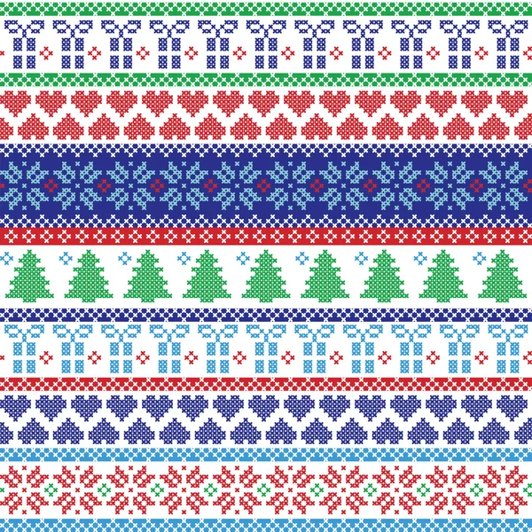 Estilo escandinavo y cultura nórdica inspiraron el patrón de estilo textil de invierno, incluyendo regalos de Navidad, árbol, copos de nieve, nieve, corazones y adornos decorativos, en punto de cruz en verde, azul, rojo — Archivo Imágenes Vectoriales