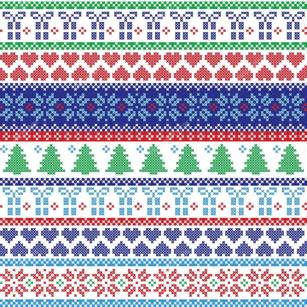 Scandinavian style and Nordic culture inspired winter textile style pattern including Christmas gifts, tree, snowflakes, snow, hearts and decorative ornaments,  in cross stitch in green, blue, red 