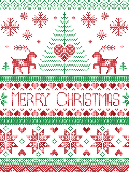 Skandinavisk stil och nordisk kultur inspirerad jul och festlig vinter sömlösa mönster i cross stitch stil med Xmas träd, snöflingor, stjärnor, renar, hjärtan, ornament i röd, grön, vit — Stock vektor